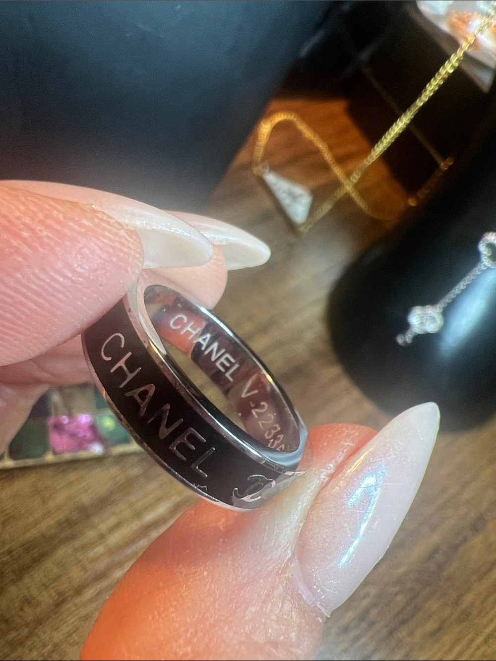 Stainless Steel Black Logo Band Ring - Size 7